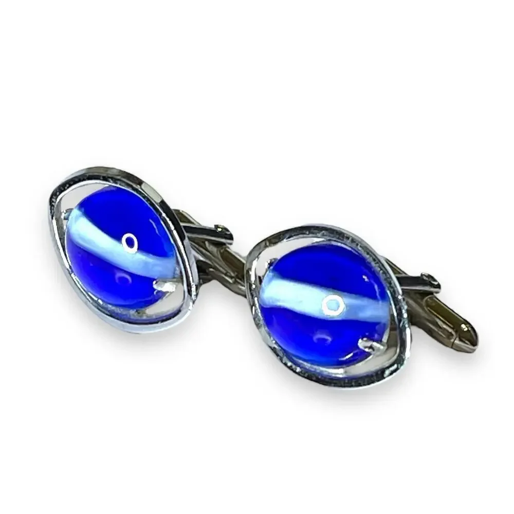 Swank Cufflinks Mens Silver Tone Blue White Striped Glass Cabochons Signed